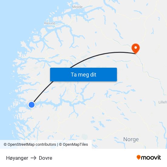 Høyanger to Dovre map