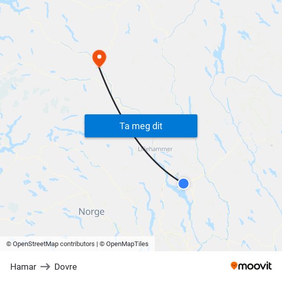 Hamar to Dovre map
