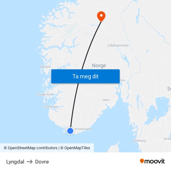 Lyngdal to Dovre map