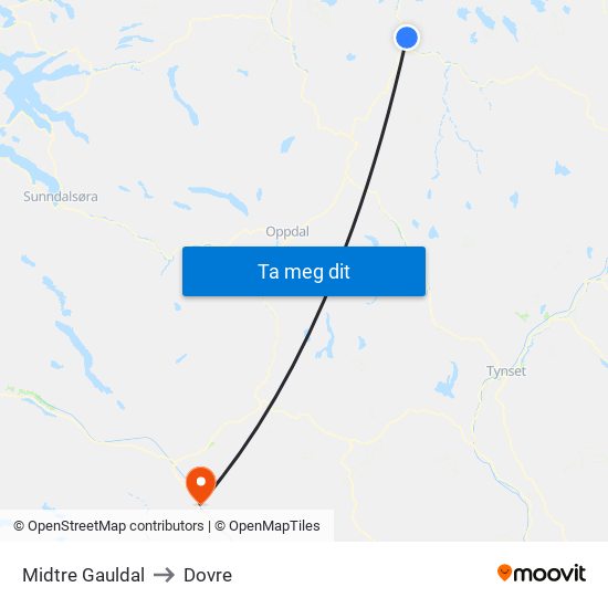 Midtre Gauldal to Dovre map