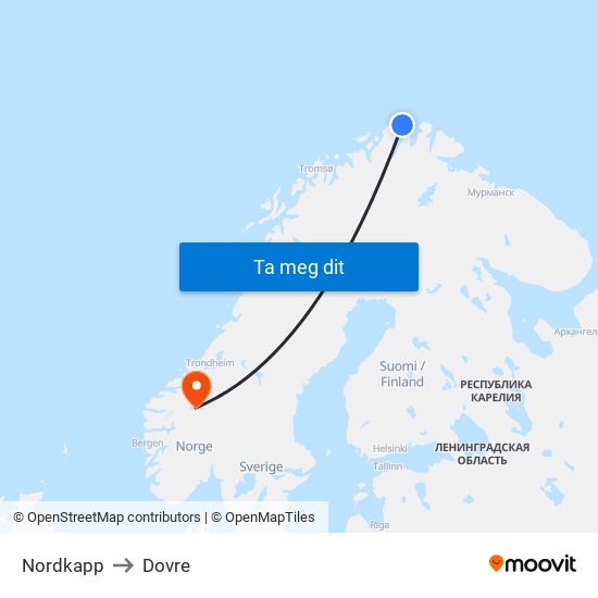 Nordkapp to Dovre map