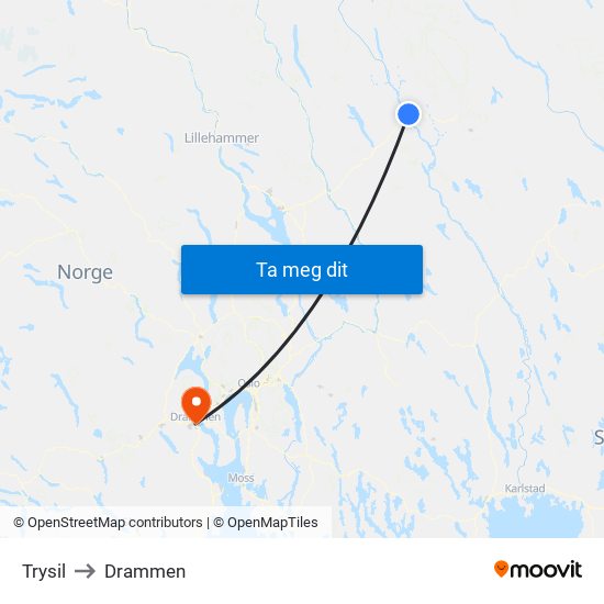 Trysil to Drammen map