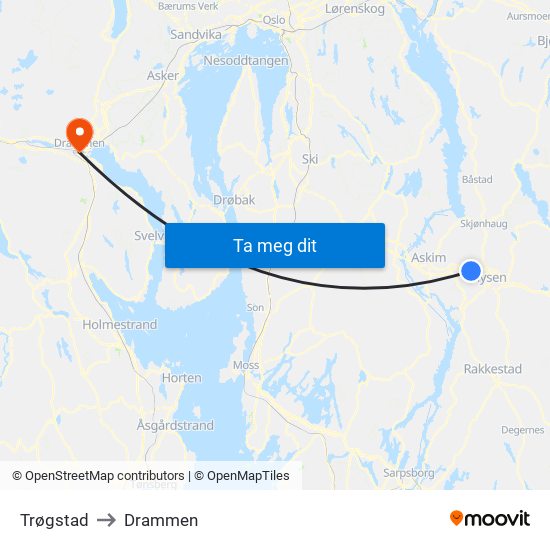 Trøgstad to Drammen map