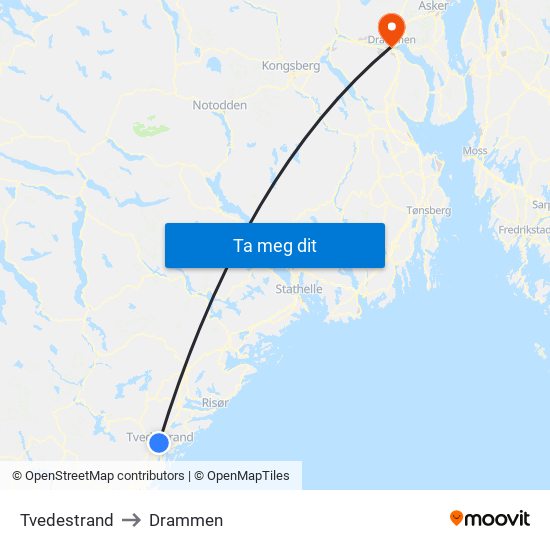 Tvedestrand to Drammen map