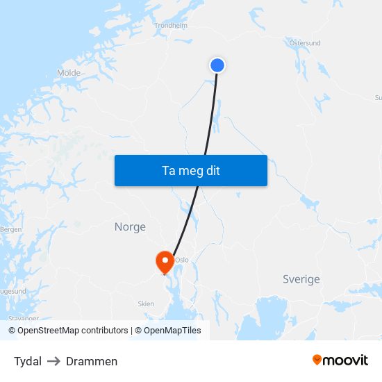Tydal to Drammen map