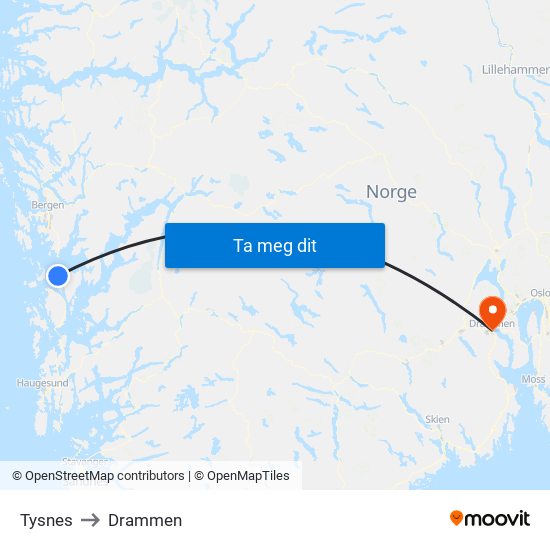Tysnes to Drammen map