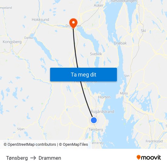 Tønsberg to Drammen map