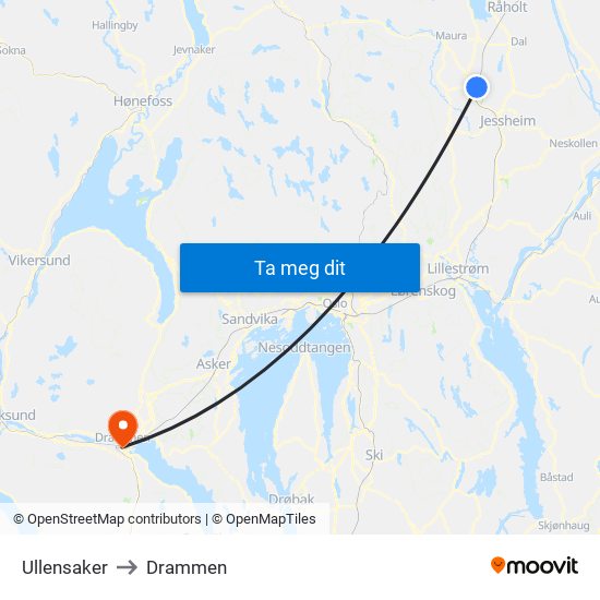 Ullensaker to Drammen map
