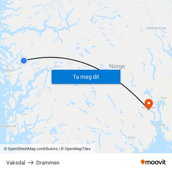 Vaksdal to Drammen map