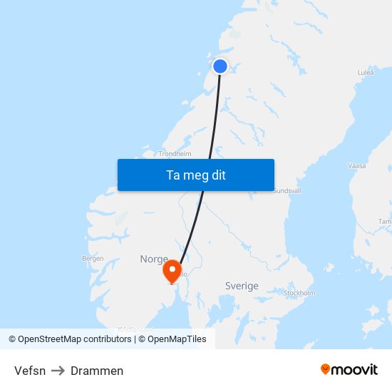 Vefsn to Drammen map