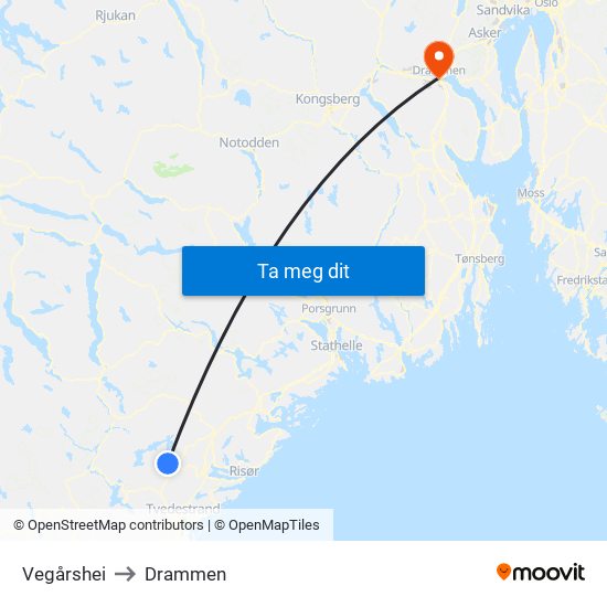 Vegårshei to Drammen map