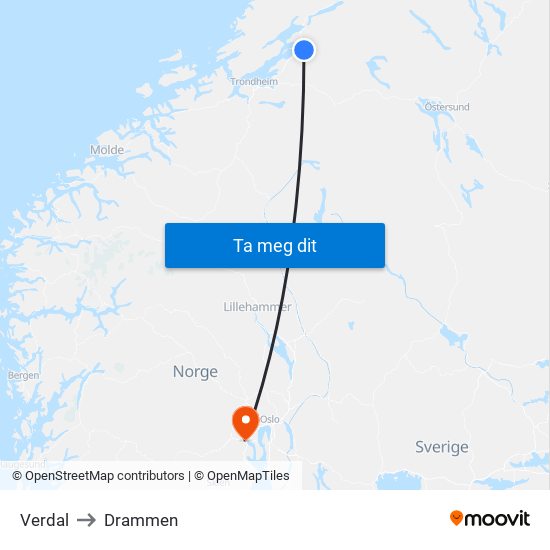 Verdal to Drammen map