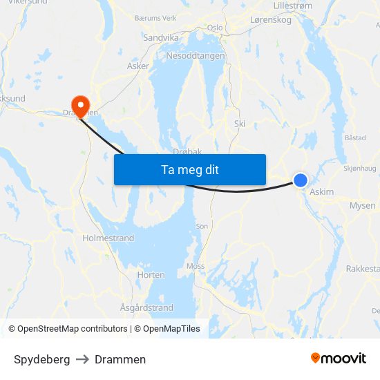 Spydeberg to Drammen map