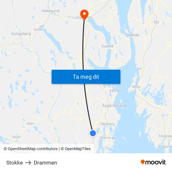 Stokke to Drammen map