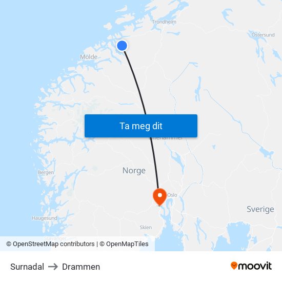 Surnadal to Drammen map