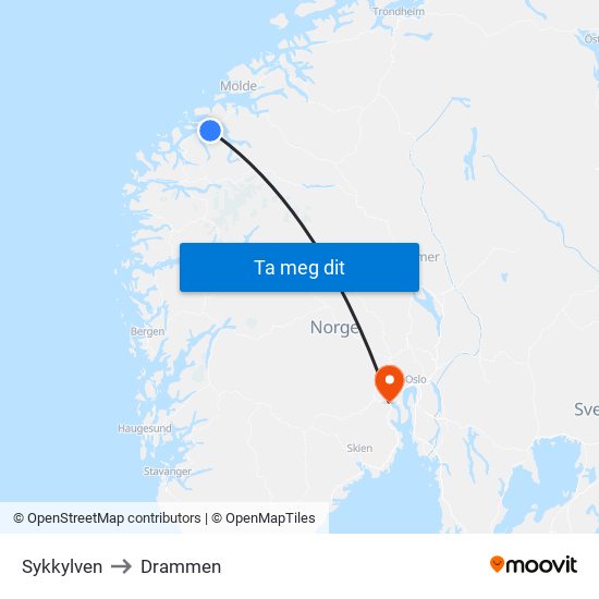 Sykkylven to Drammen map