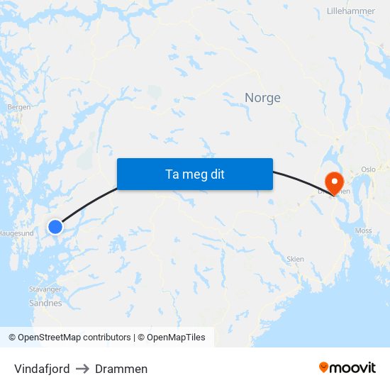 Vindafjord to Drammen map