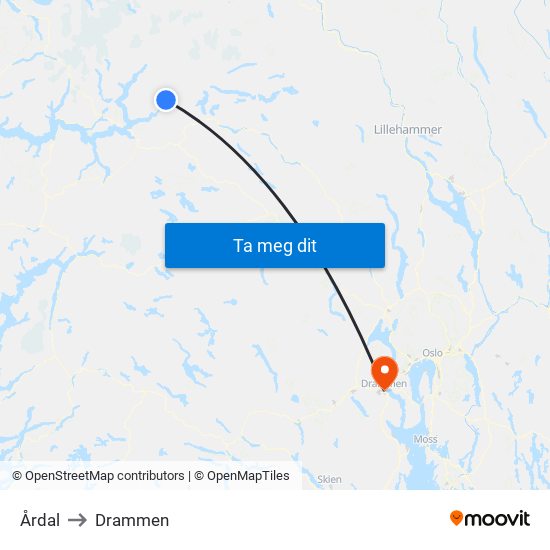 Årdal to Drammen map