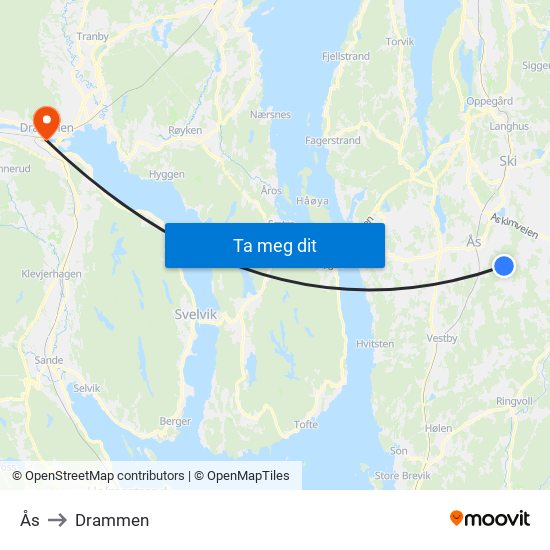 Ås to Drammen map