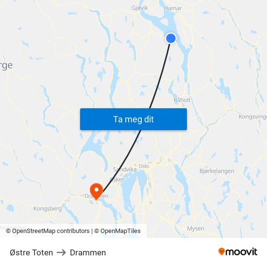 Østre Toten to Drammen map