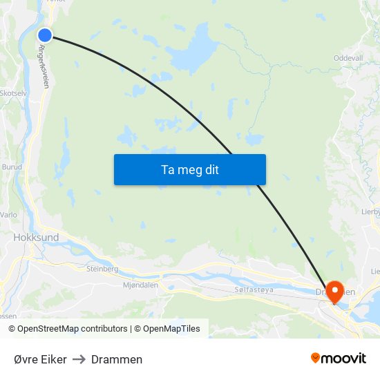 Øvre Eiker to Drammen map