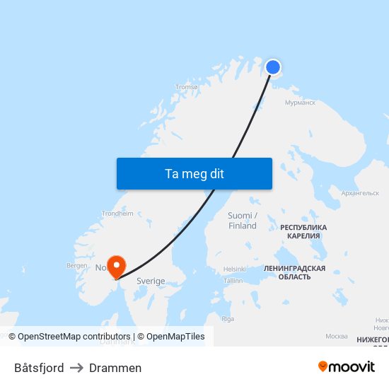 Båtsfjord to Drammen map
