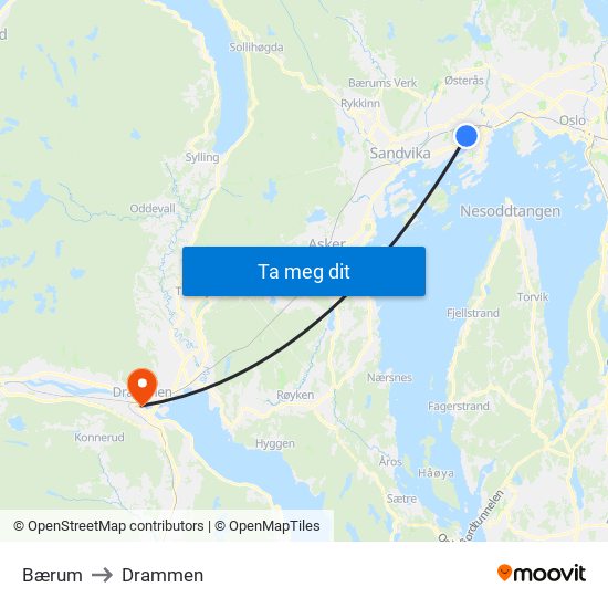 Bærum to Drammen map