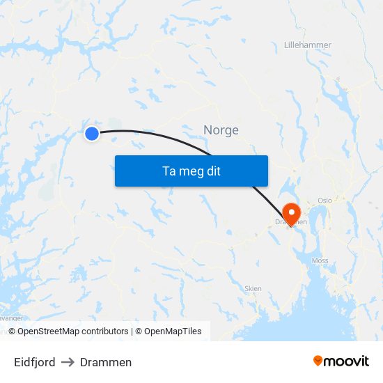 Eidfjord to Drammen map