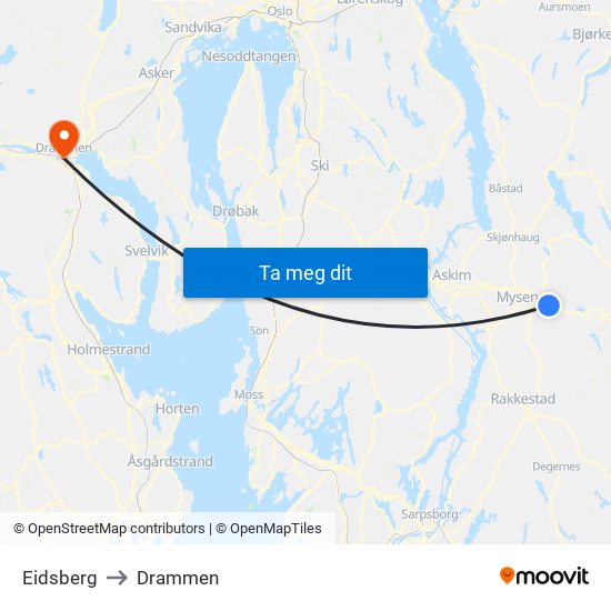 Eidsberg to Drammen map