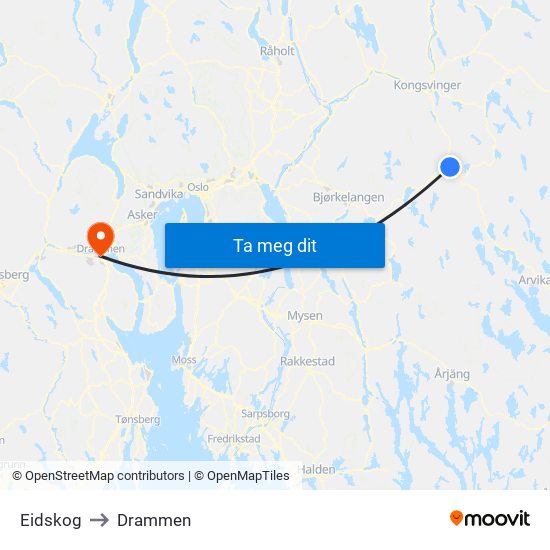 Eidskog to Drammen map