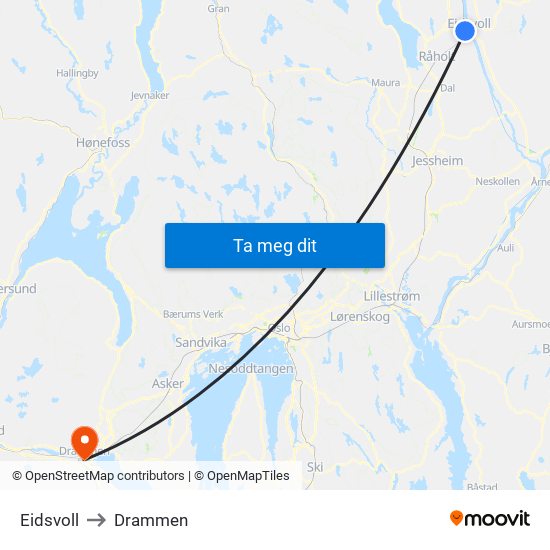 Eidsvoll to Drammen map