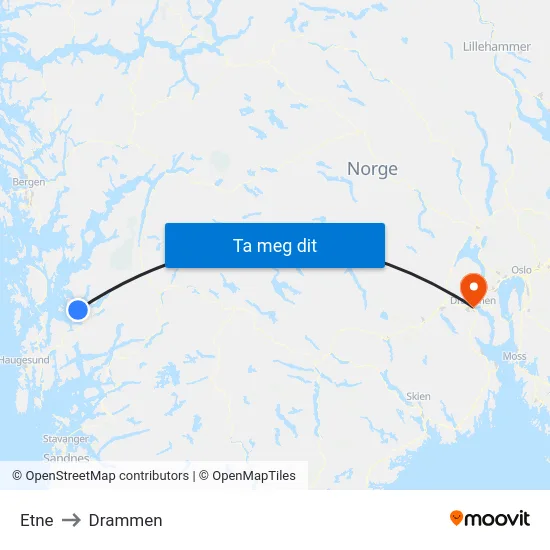 Etne to Drammen map