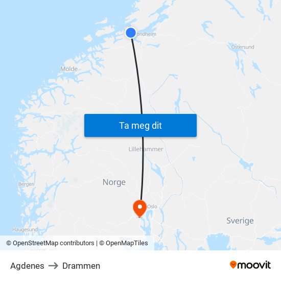 Agdenes to Drammen map
