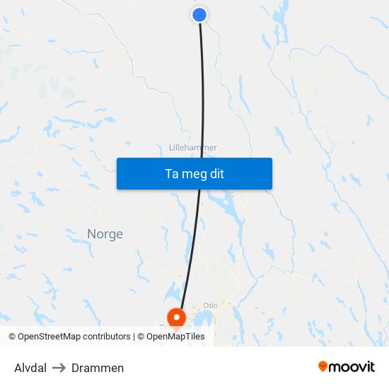 Alvdal to Drammen map