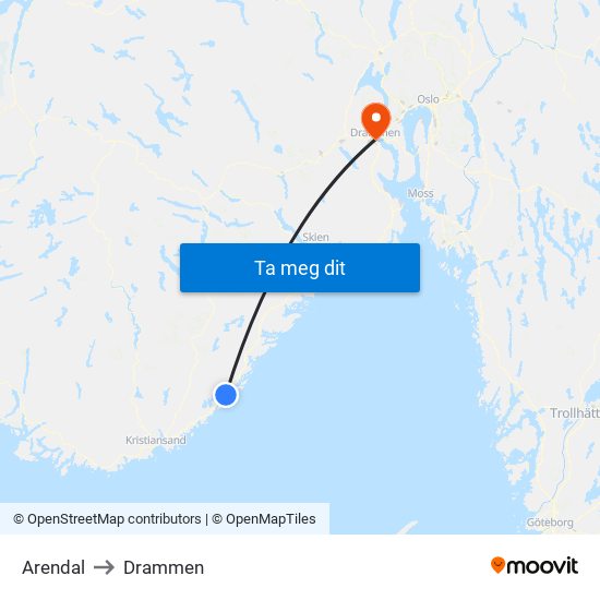 Arendal to Drammen map