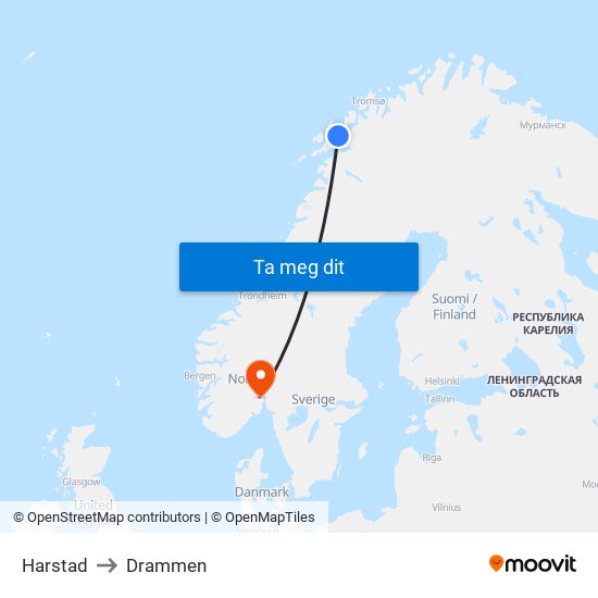 Harstad to Drammen map
