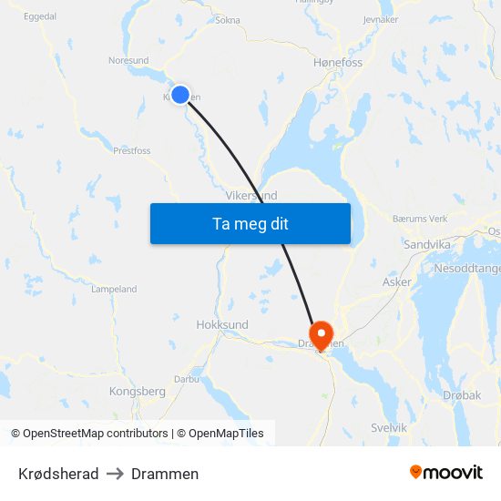 Krødsherad to Drammen map