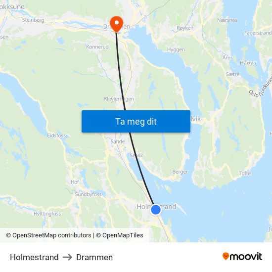 Holmestrand to Drammen map