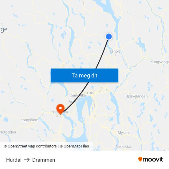 Hurdal to Drammen map