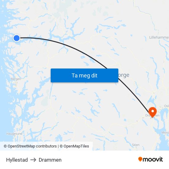 Hyllestad to Drammen map