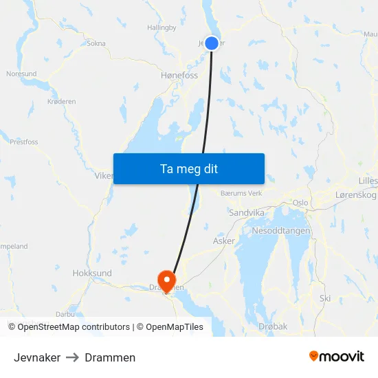 Jevnaker to Drammen map