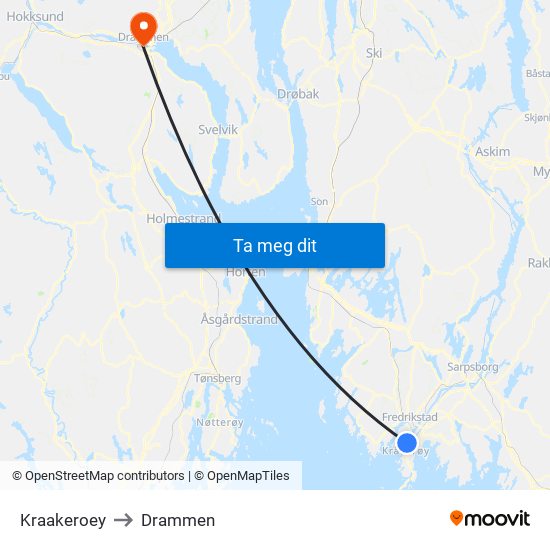 Kraakeroey to Drammen map