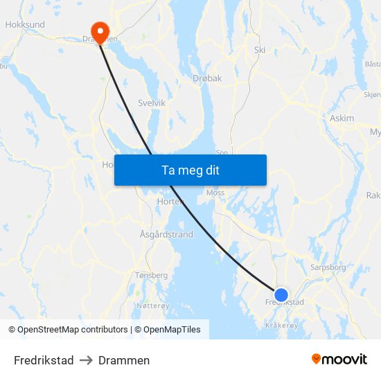 Fredrikstad to Drammen map
