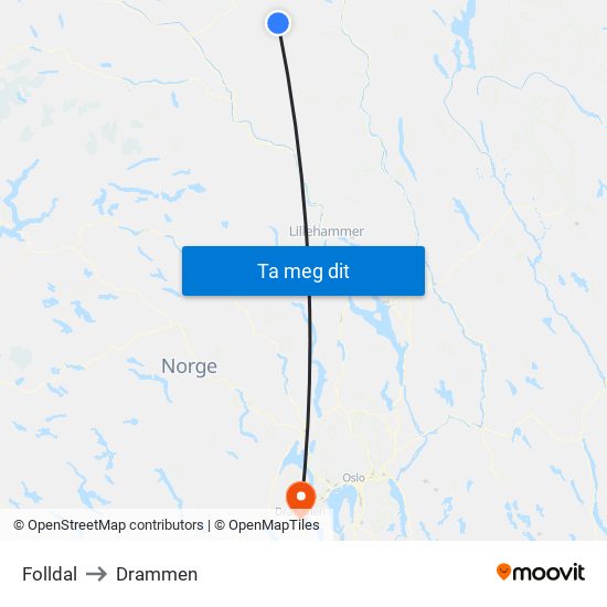 Folldal to Drammen map