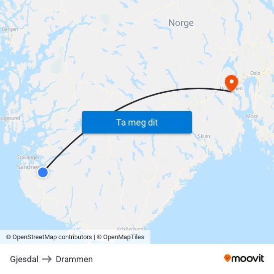 Gjesdal to Drammen map