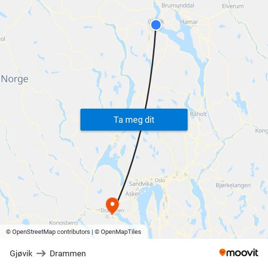 Gjøvik to Drammen map