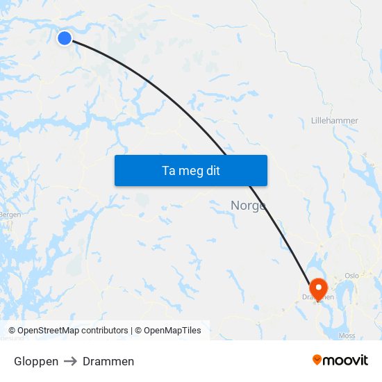 Gloppen to Drammen map