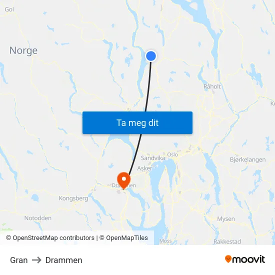 Gran to Drammen map