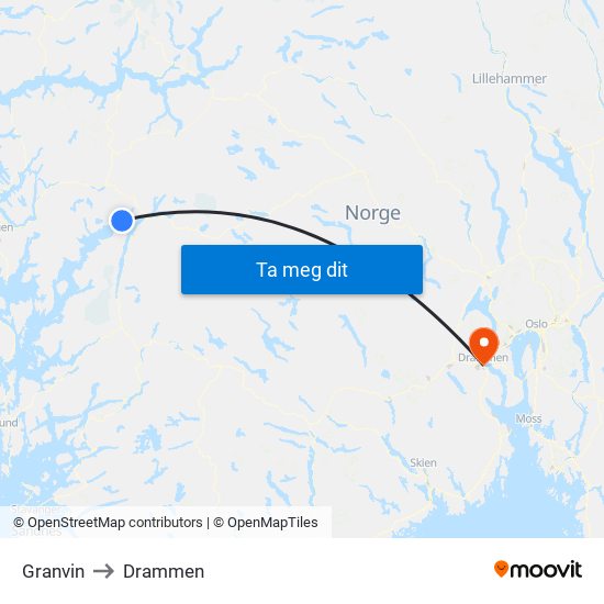 Granvin to Drammen map