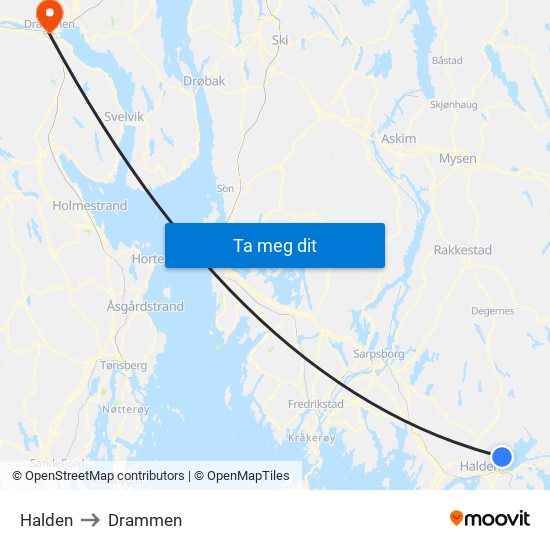 Halden to Drammen map